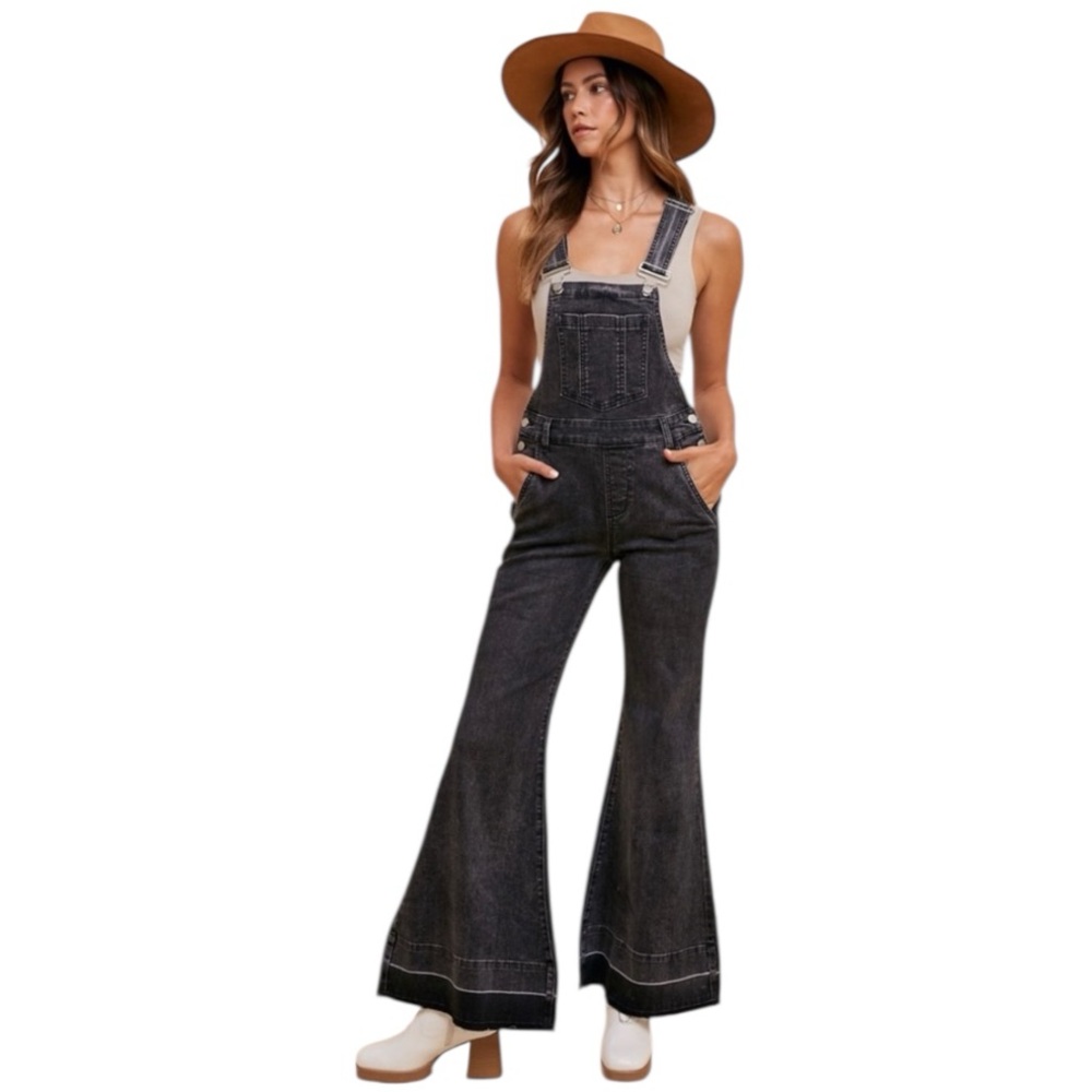 Womens Black Flared Denim Overalls